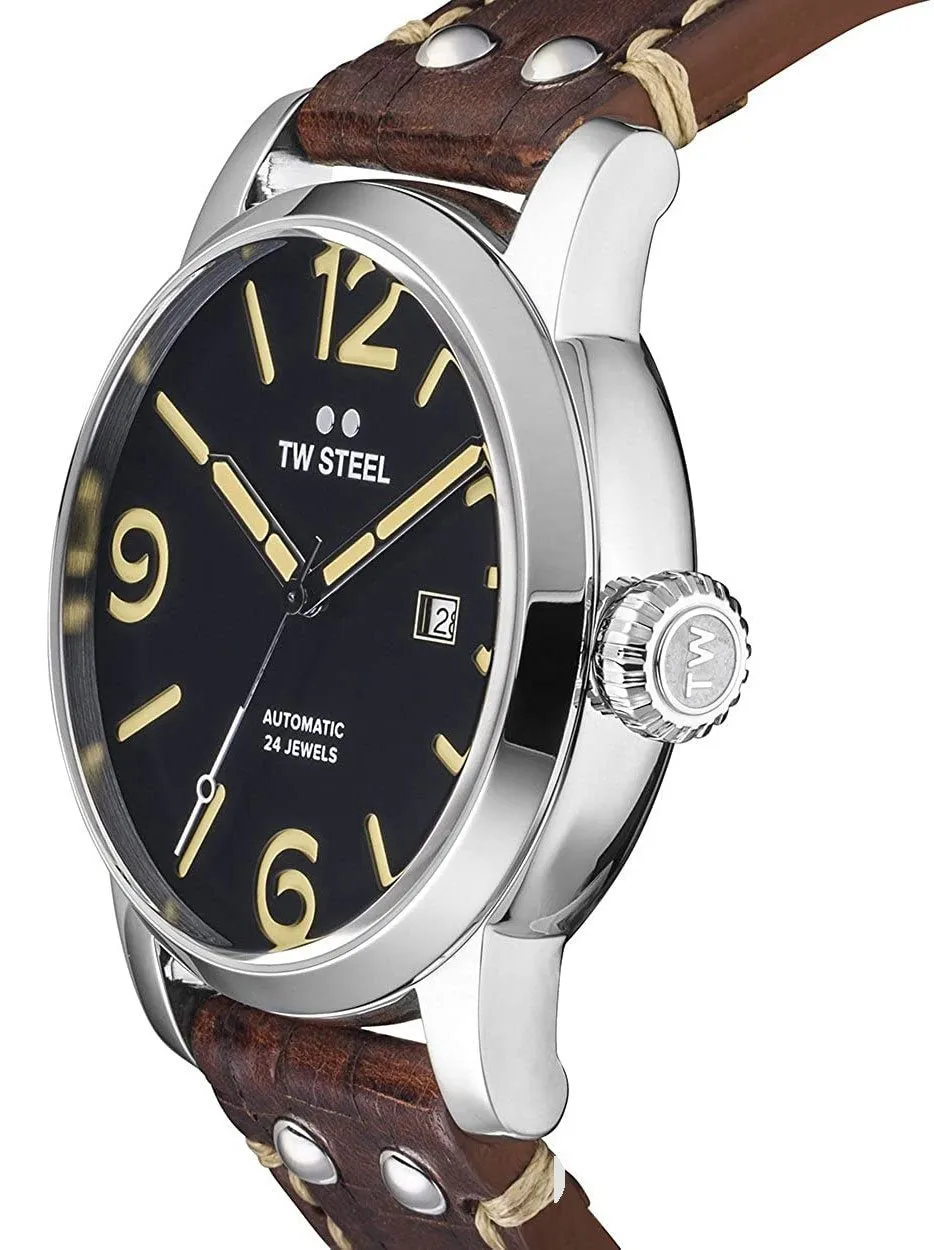 TW Steel Maverick Automatic Stainless Steel Brown Leather Black Dial Date Mens Watch MS6