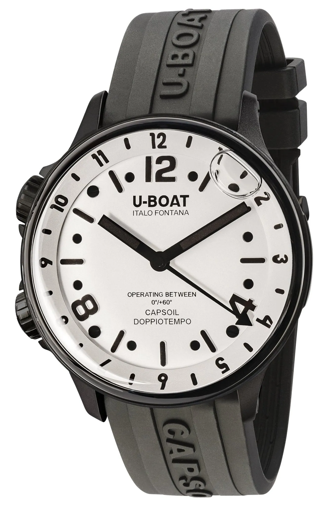 U-Boat Capsoil Doppiotempo Black DLC Steel White Dial Black Rubber Strap Swiss Electro-mechanical Mens Watch 8889