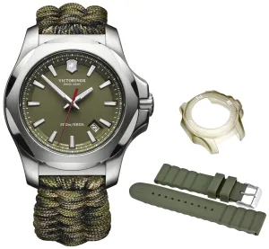 Victorinox Swiss Army I.N.O.X. Stainless Steel Green Dial Paracord Band Interchangeable Green Rubber Strap Date Quartz Mens Watch 241727.1