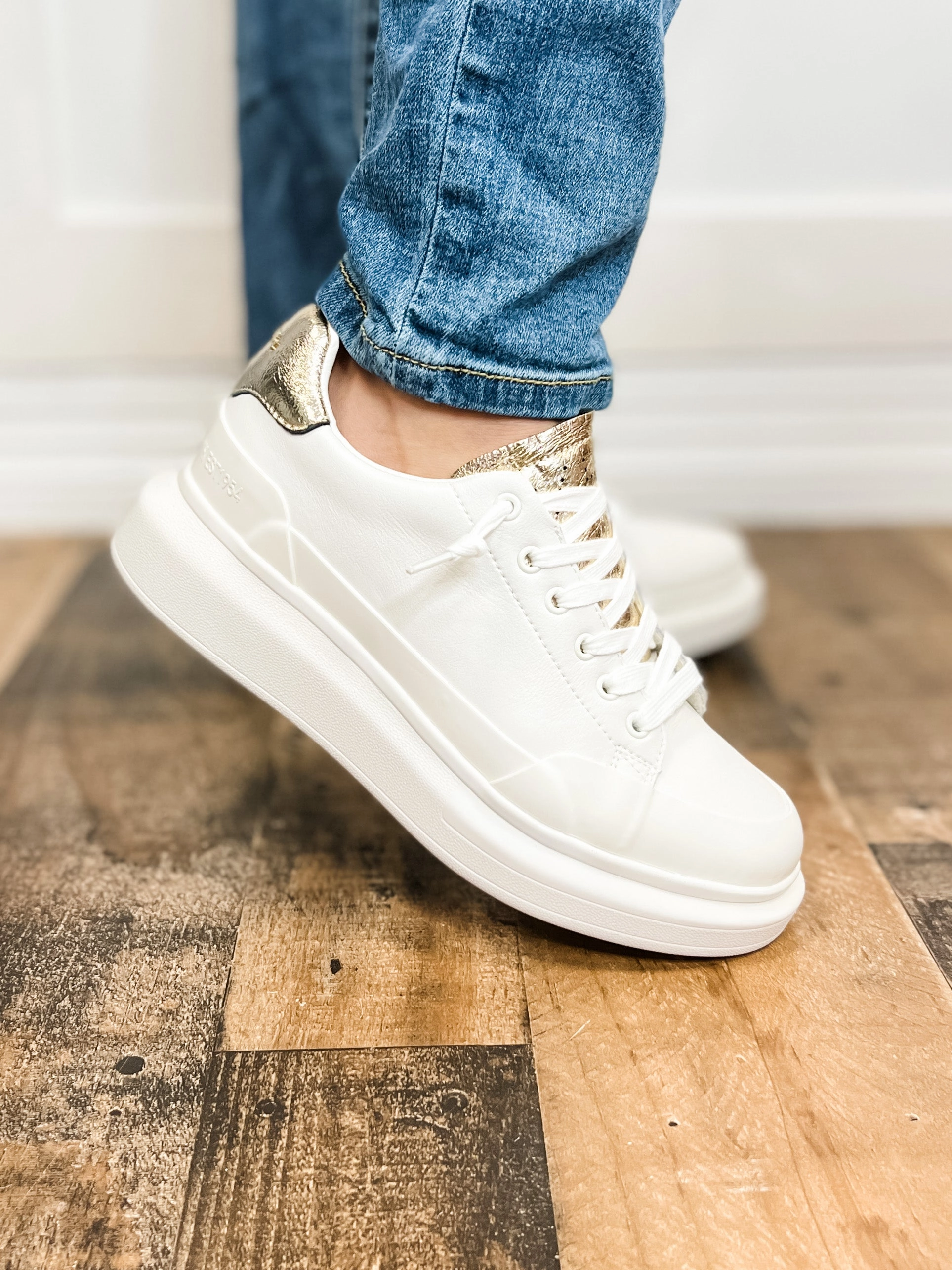 Vintage Havana Angela Gold Tab White Wedged Sneakers