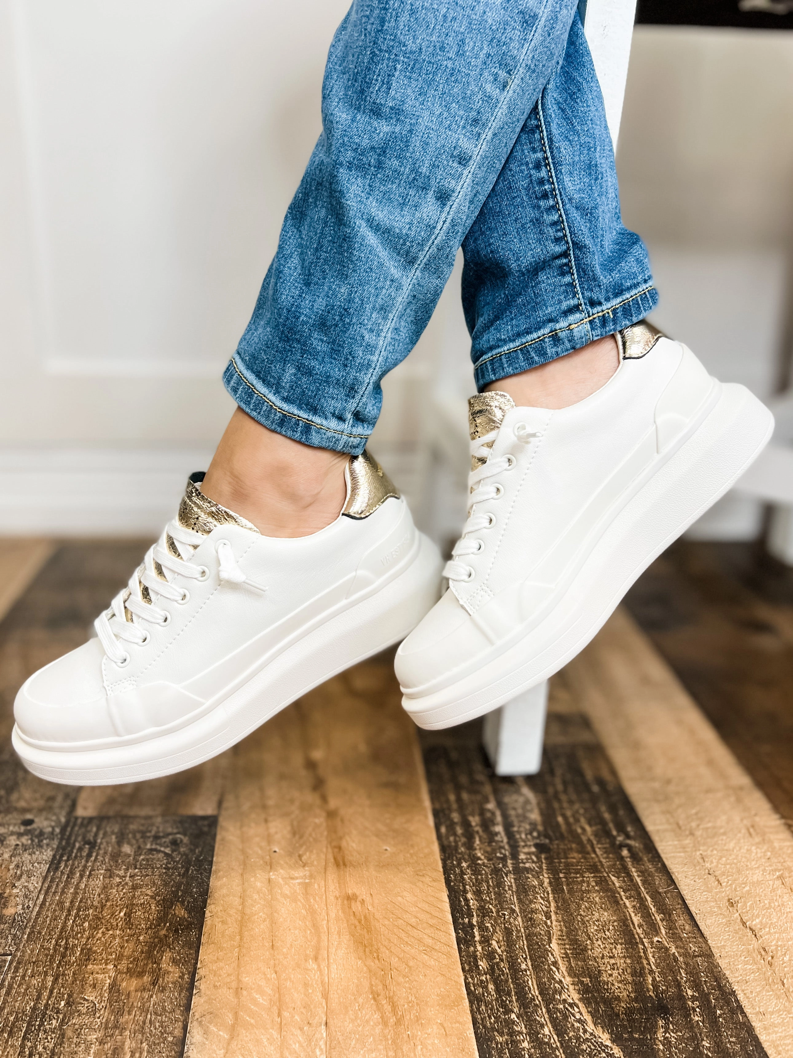 Vintage Havana Angela Gold Tab White Wedged Sneakers