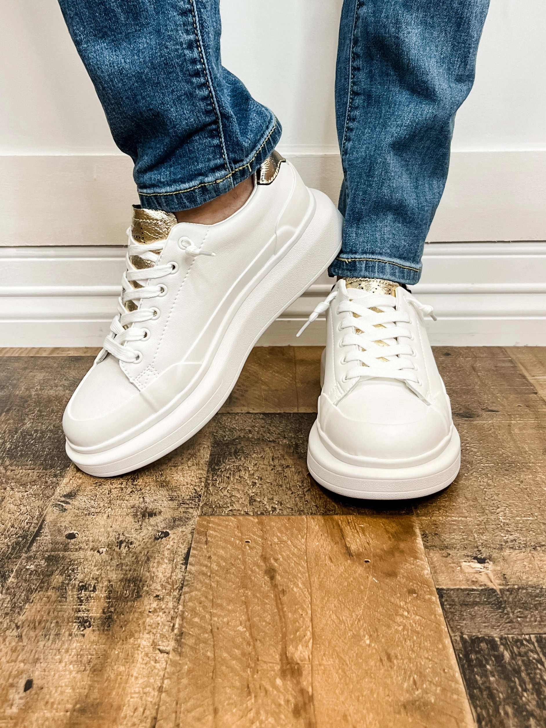 Vintage Havana Angela Gold Tab White Wedged Sneakers