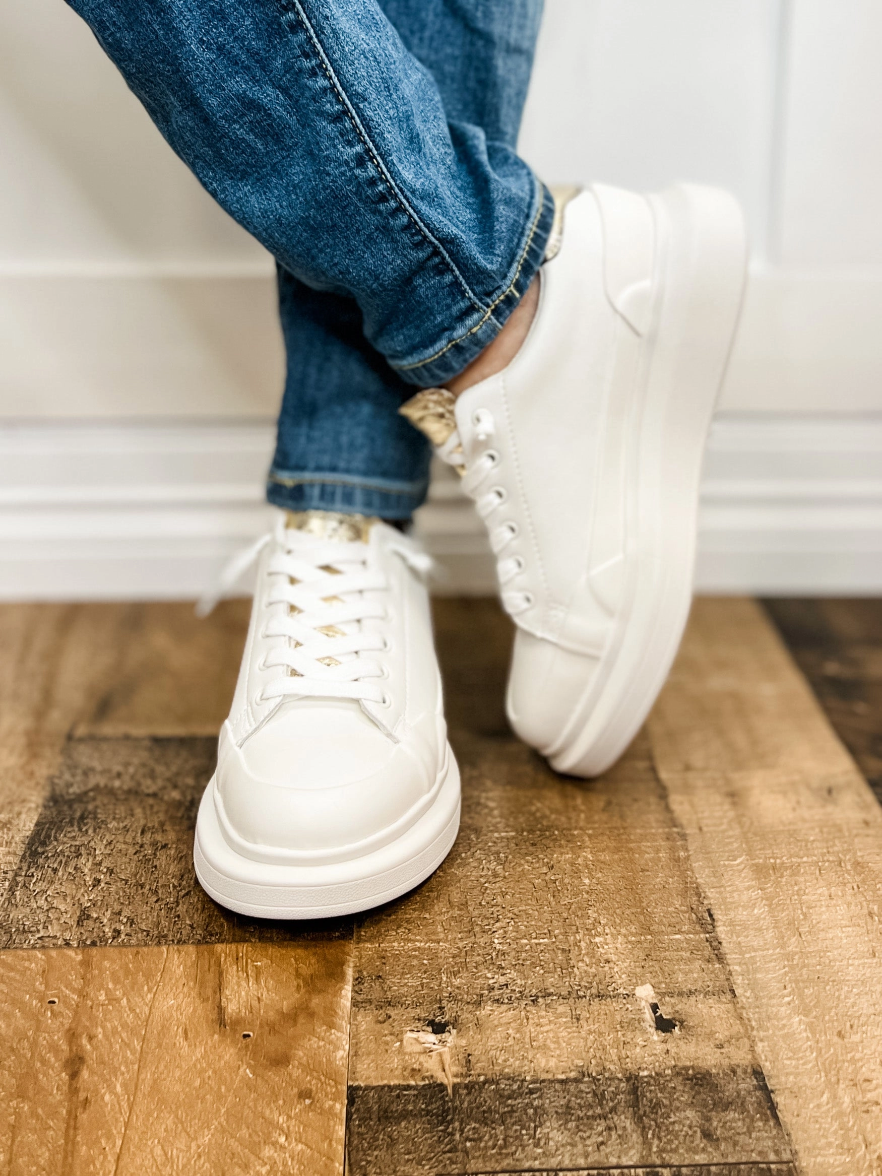 Vintage Havana Angela Gold Tab White Wedged Sneakers